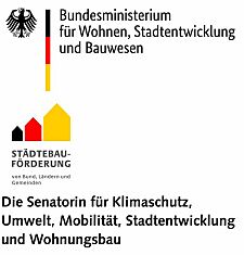 Logo des Bundesministeriums für Wohnen, Stadtentwicklung und Bauwesen. Logo Städtebauförderung, Logo der Senatorin für Klimaschutz, Umwelt, Mobilität, Stadtentwicklung und Wohnungsbau